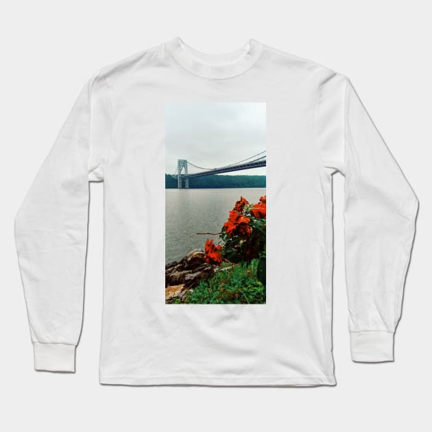 George Washington Bridge Red Roses Long Sleeve T-Shirt by maccm